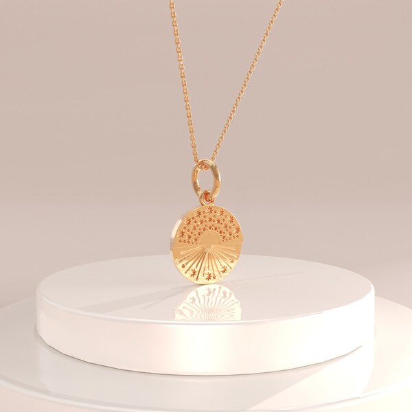 14k Circle Sunshine Pendant, Solid Gold Disc Sun Charm Necklace, Minimalist Medallion Coin Necklace, Dainty No Tarnish Handmade Jewelry Gift