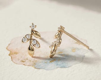 14K Solid Gold Lab Diamond Leaf Stud Earrings | Branch Vine Studs, Botanical Bridal Earrings