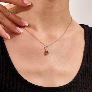 Rhodolite Garnet Oval Pendant, 14k Solid Gold Reddish Pink Gemstone Necklace, January Birthstone Charm Gift for Her, Dainty Birthday Jewelry