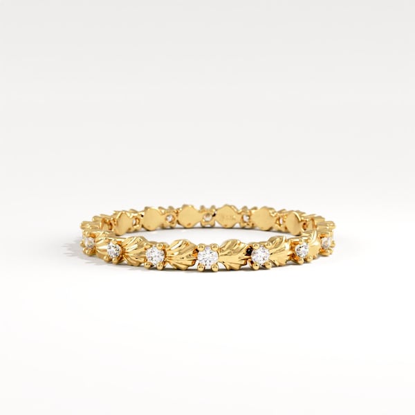 Pavé-Muschel-Ewigkeitsring aus 14-karätigem Massivgold, Unendlichkeits-Ehering für Damen, zierlicher Stapelring, Geschenk für die Ehefrau