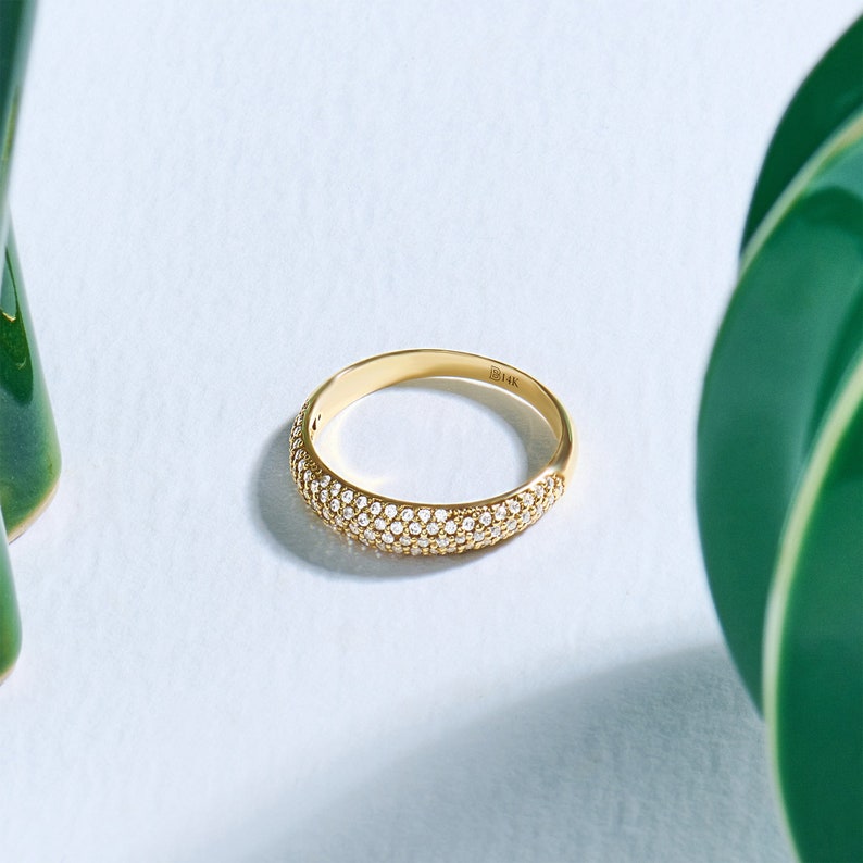 14k Gold Minimalist Pave Dome Ring, Solid Gold Wedding Band, Minimalist Lab Diamond Cz Ring, Dainty Gold Ring, Handmade Jewelry Gifts image 7