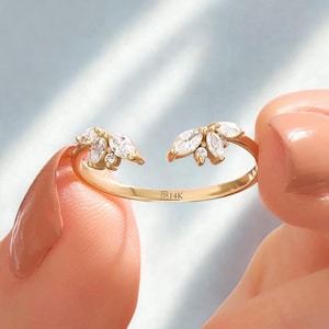 14K Solid Gold Open Wedding Band Ring, Marquise Cut Lab Diamond CZ Cuff Ring, Minimal Stackable Wedding Ring for Women