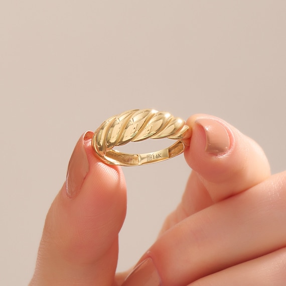 14k Gold Croissant Ring, Solid Gold Twisted Dome Ring, Chunky