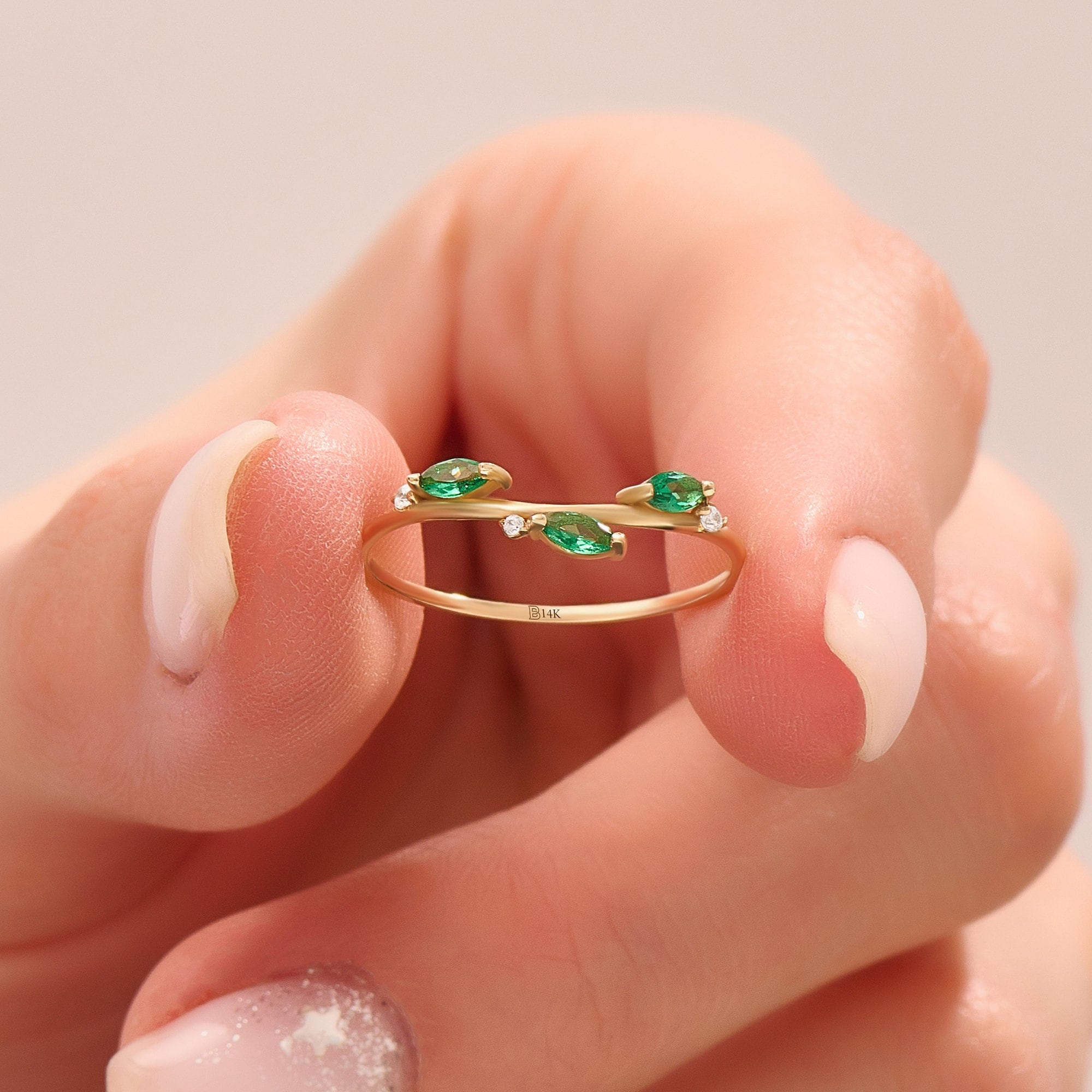 Lab-Created Emerald Leaf Ring Solid 14k Gold Wedding Band Women Marquise Cut Green Stacking Ring Nature Inspired Dainty Yellow Rose White