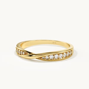 14k Solid Gold Twisted Wedding Ring • Braided Half Eternity CZ Band for Women • Dainty Stackable Gold Ring • Minimalist Jewelry Gift