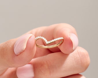 14k Gold Unique Curve Ring, Solid Gold Chevron Wedding Band, Womens V Shape Ring, Pave Lab Diamond Cz Ring, Handmade Delicate Nesting Ring