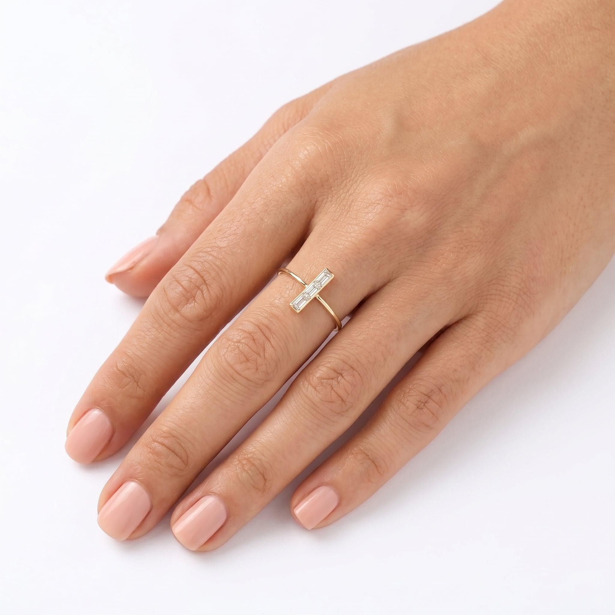14K Solid Gold Baguette Bar Ring | Minimalist Horizontal Diamond