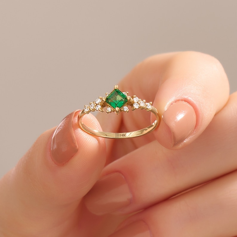 14k Solid Gold Emerald Engagement Ring, Art Deco Green Solitaire Ring, Vintage Anniversary Ring, Dainty Stacking Emerald Ring, Handmade Gift image 1