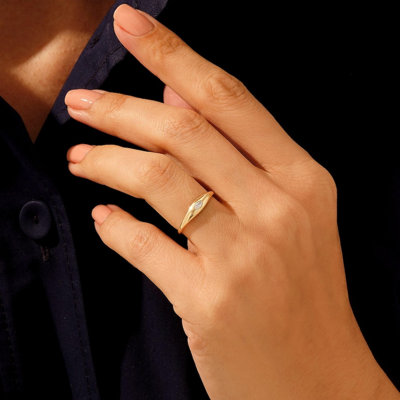 14K Gold Marquise Signet Ring, Chunky Bezel Pinky Ring for Women, Tiny Dome Statement Band, Minimalist Solid 18K Gold Jewelry Gift for Her image 5
