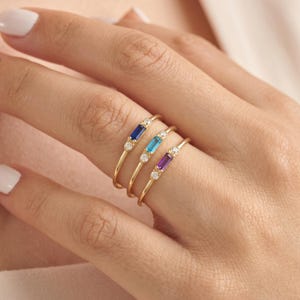 14K Solid Gold Baguette Birthstone Ring, Personalized Custom Gemstone Band, Dainty Stacking Ring for Women, Minimalist Mothers Day Gift