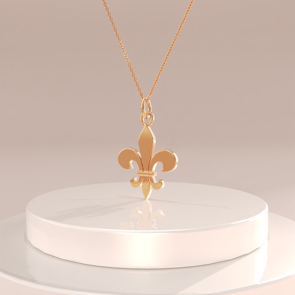 14k Gold Fleur-de-Lis Pendant Necklace, Solid Gold Flag and Sword Lily Pendant,Dainty Everyday Necklaces for Women,Small Fleur de Lis Charm