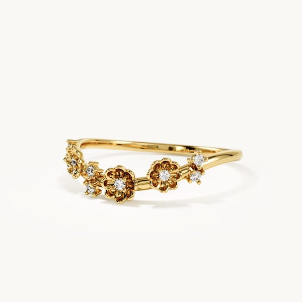 14k Solid Gold Daisy Ring, Floral Curved Wedding Band for Women, Dainty Flower Stackable Ring, Unique Nature Inspired Bridal Jewelry
