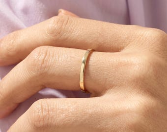 14K Solid Gold Thin Wedding Band, Dainty Ring for Women, Minimal Flat Stackable Ring, Handmade