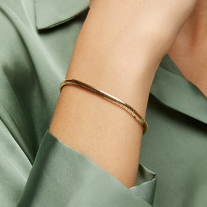 14k Gold Snake Chain Bracelet, Solid Gold Herringbone Bracelet, Mens Womens Flat Chain Bracelet, Minimalist Gold Bracelet, Handmade Jewelry image 4