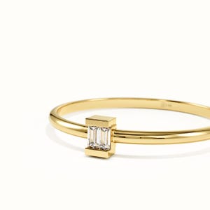 14K Solid Gold Double Baguette Diamond Ring, Vertical Baguette Minimalist Promise Ring, Dainty Gold Stacking Band Solitaire for Her