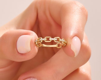 14k Gold Chain Ring, Solid Gold Link Chain Ring, Sierlijke Stapelring, Womens Minimalistische Gouden Ring, Pave Lab Diamond Cz Ring, Handgemaakte Geschenken