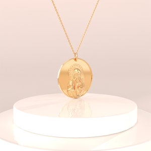 Solid Gold Mary and Jesus Pendant 14k Real Gold Virgin Mary Coin Necklace for Women Madonna Miraculous Medal Necklace Disc Everyday Charm image 9