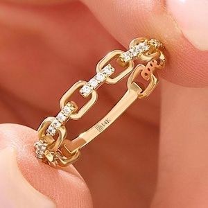 14K Solid Gold Pave Diamond Chain Link Ring, Minimal Dainty Stacking Band Jewelry, Anniversary Gift for Wife