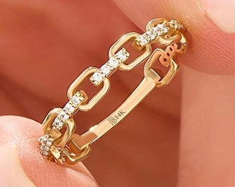 14K Solid Gold Pave Diamond Chain Link Ring, Minimal Dainty Stacking Band Jewelry, Anniversary Gift for Wife