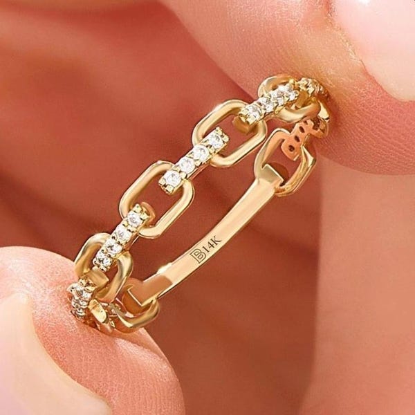 14K Gold Lab Diamond Chain Link Ring, Dainty Link Stacking Band, Women Diamond Eternity Ring