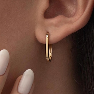 14K Solid Gold Oval Huggie Hoop Earrings, Long Minimal Hoops Jewelry, Everyday Gift for Women