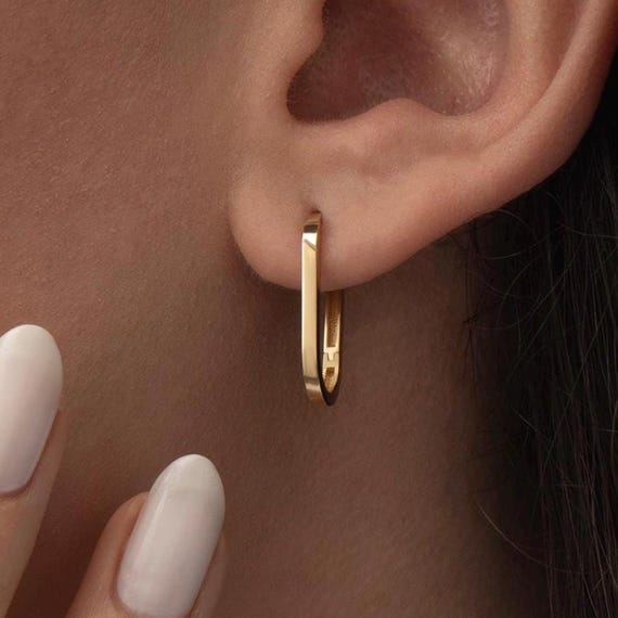 14k Solid Gold Oval Hoop Earrings, Minimalist Long Huggies for Women,  Elegant Everyday Jewelry, Bridal or Engagement Gold Hoops,Gift for Her