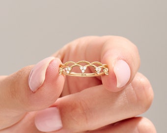 Solid Gold Art Deco Crown Ring, 14k Gold Unique Stacking Ring for Women, Dainty Tiara Wedding Ring, Vintage Cubic Zirconia Layering Ring