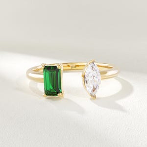14k Solid Gold Toi et Moi Ring, Open Emerald and Diamond Band for Women, Dual Birthstone Cuff Ring, Gift for Mom, Wife, or Her