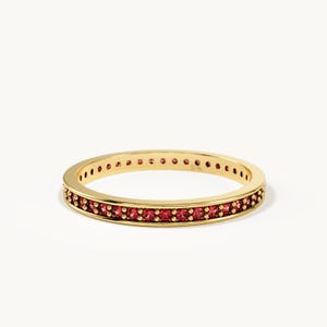14k Solid Gold Garnet Eternity Ring – Red Channel Set Birthstone Wedding Band, 2mm Thin Stackable Handmade Daily Ring for Women
