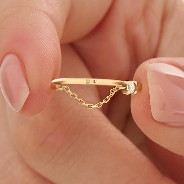 14Kソリッドゴールドオープンチェーンリング、女性向けの繊細でミニマルなスタッキングジュエリー、繊細な調節可能なリンクリング、彼女への記念日の贈り物