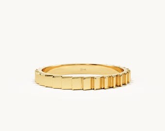 14K Solid Gold Geometric Grooved Wedding Band | Minimalist Gold Textured Stacking Ring for Women