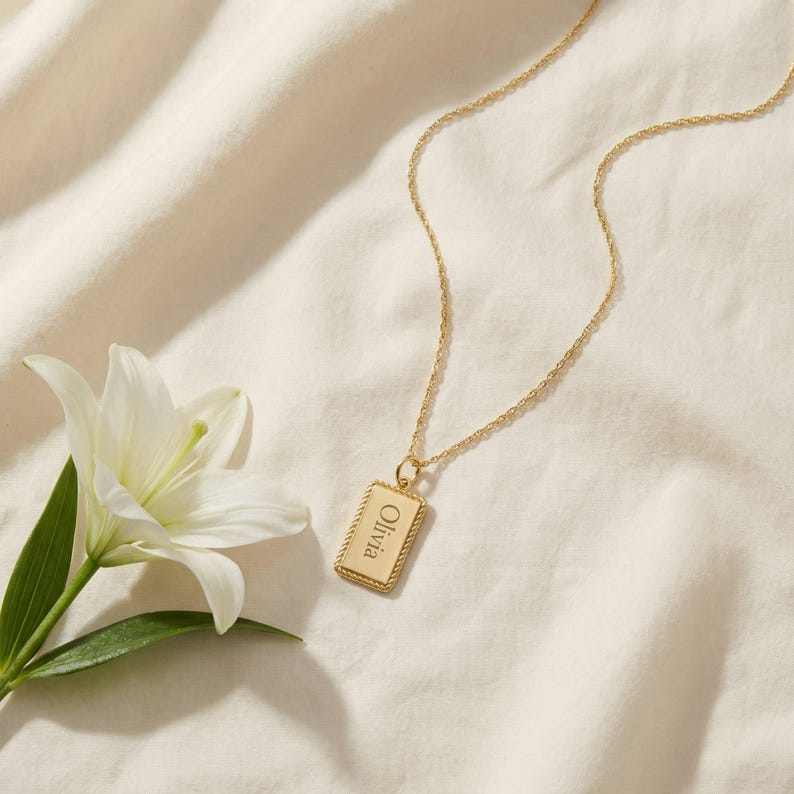Engraved Pendant, 14K Solid Gold Rectangle Name Necklace, Custom Engravable Tag, Personalized Gold Pendant, Gift for Her image 3