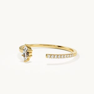 Marquise open manchetring, asymmetrische moissanite wikkelring, verfijnde verlovingsring van massief 14 karaats goud, verlovingscadeau voor haar