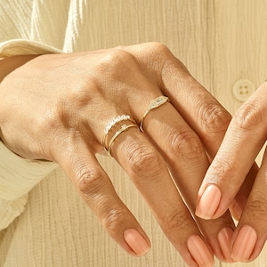 Solid Gold Baguette Signet Ring, 14k Minimalist Pinky Ring, Vintage Design Women Slim Statement Ring, Dainty Diamond Cz Stacking Band image 8