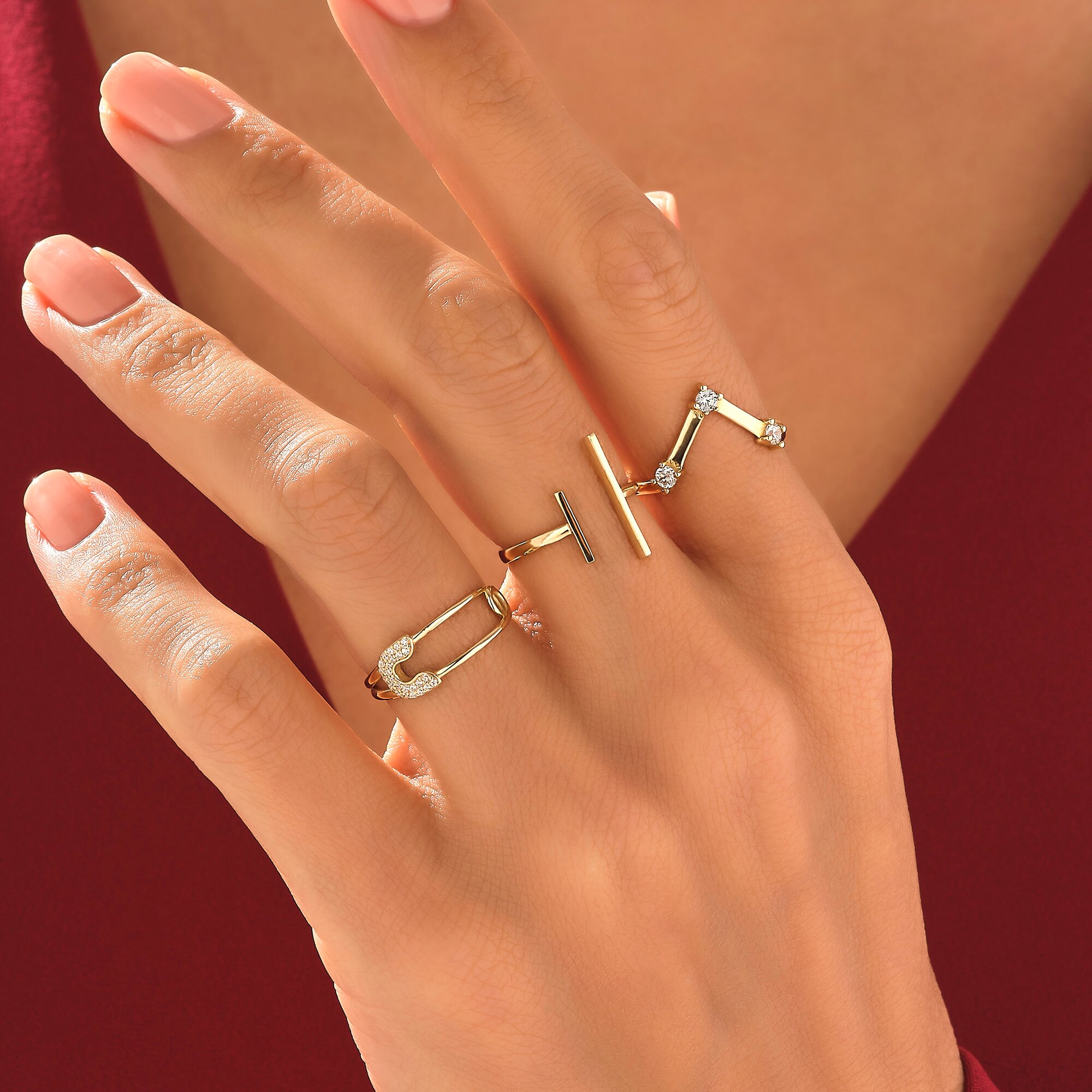 14k Solid Gold Pave Safety Pin Ring Dainty Gold Ring Etsy UK