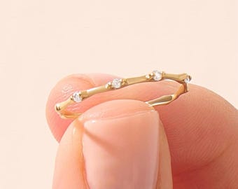 14k Solid Gold Bamboo Stacking Ring Women Dainty Gold Stackable Ring with Diamond Delicate Gold Ring Jewelry Gift for Her 18k Gold Ring