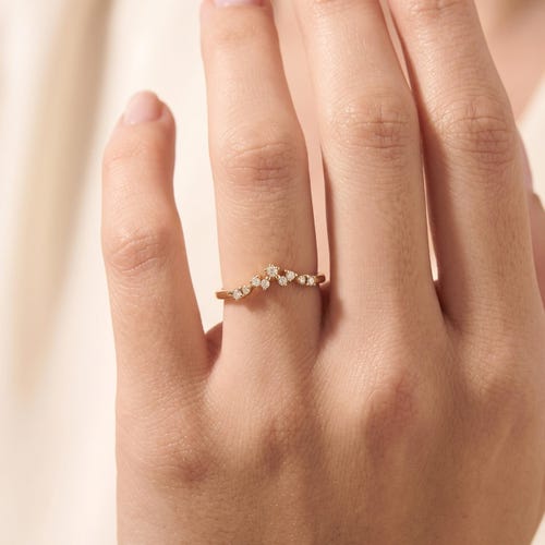 Curved Wedding Band 14K Solid Gold, Dainty Lab Diamond Contour Ring, Nesting Enhancer