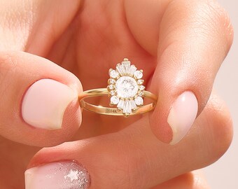 14k Solid Gold Sunburst Halo Ring, Unique Engagement Ring Women, Vintage Design Baguette Ring, Art Deco Anniversary Ring, Dainty Cz Ring