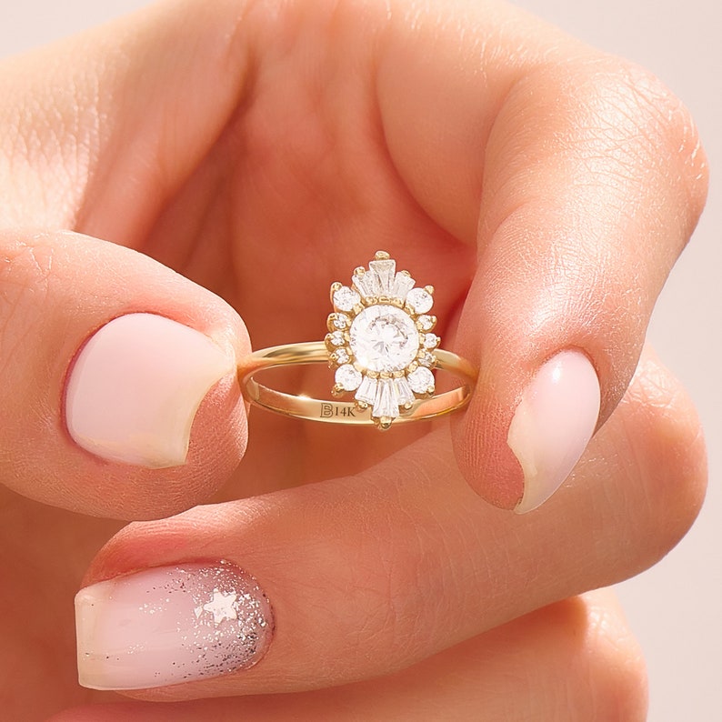 14k Solid Gold Sunburst Halo Ring, Unique Engagement Ring Women, Vintage Design Baguette Ring, Art Deco Anniversary Ring, Dainty Cz Ring image 1