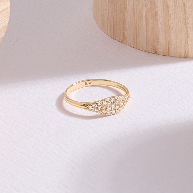 14k Solid Gold Sparkle Pinky Ring, Dainty Pave Signet Ring Women, Minimalist Promise Ring, Unique Cz Stacking Daily Ring, Gift for Her image 3