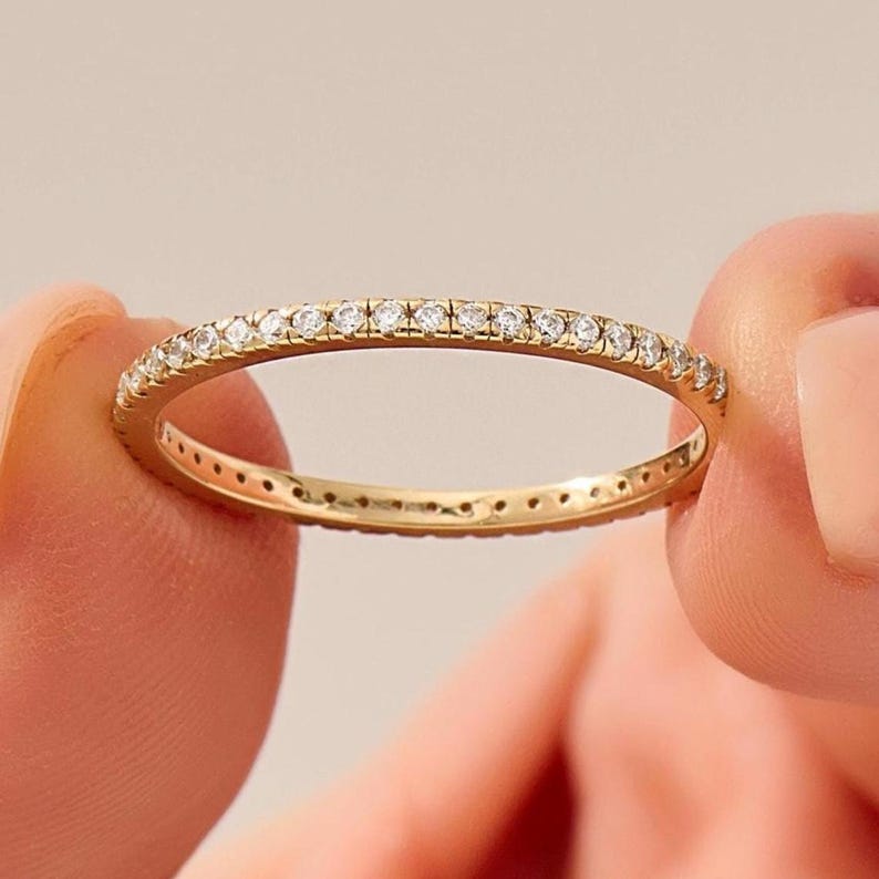 14K Solid Gold Diamond Ring, Moissanite Eternity Band For Women, Pave Wedding Band, Dainty Stacking Ring, Minimalist Bridal Promise Gift image 11