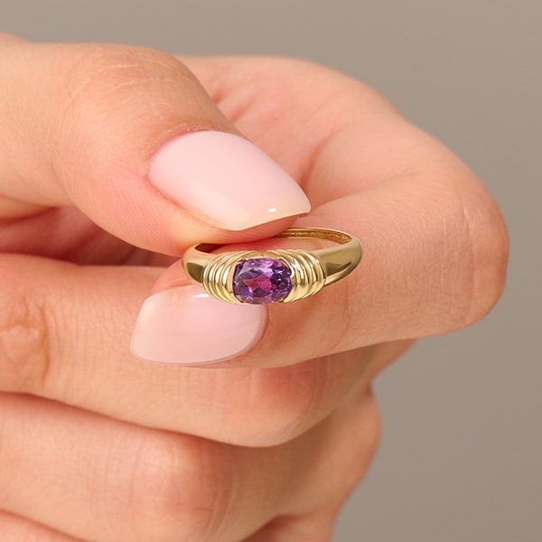 14k Solid Gold Majestic Amethyst Ring | Chunky Dome Statement Ring | Purple Gemstone Ring Women | East West Ring| Thick Anxiety Ring 18k 10k