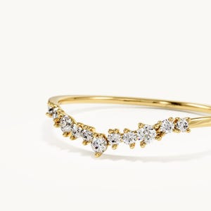 14k Solid Gold Curved Wedding Band, Lab Diamond Chevron Stacking Ring, V Shaped Contour Solitaire Guard, Unique Tiara Wedding Ring