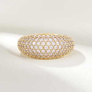 14k Solid Gold Dome Ring – Wide Pavé Band Chunky Statement Jewelry for Women, Bold Handmade Gold Ring, Elegant Fine Jewelry Gift for Mom