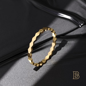 14k Solid Gold Hexagon Wedding Band – Geometric Matching Ring with Comfort Fit, Flat Engraved Gold Band, Unique Stacking Enhancer