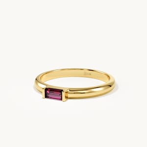 14K Solid Gold Baguette Ruby Ring, Minimalist Pink Gemstone Stacking Ring, July Birthstone Jewelry, Thin Gold Solitaire Ring, Gift for Her