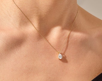 Solid Gold Pear Solitaire Pendant, 14k Real Gold Teardrop Necklace Women, Minimalist Lab Diamond Cz Necklace, Statement Engagement Choker