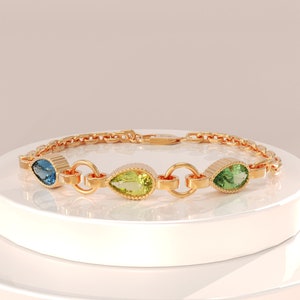 Solid Gold Birthstone Bracelet, 14k Gold Pear Stone Family Birthstone Bracelet, Custom Gemstone Bracelet, Mothers Personalised Gift Bracelet image 2