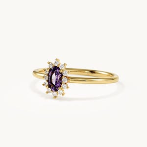 14K solid Gold Amethyst Ring, Oval Lila Edelstein Halo Ring, Zierliche Diamant Blume Ring, Februar Birthstone Schmuck, Lila Versprechen Ring