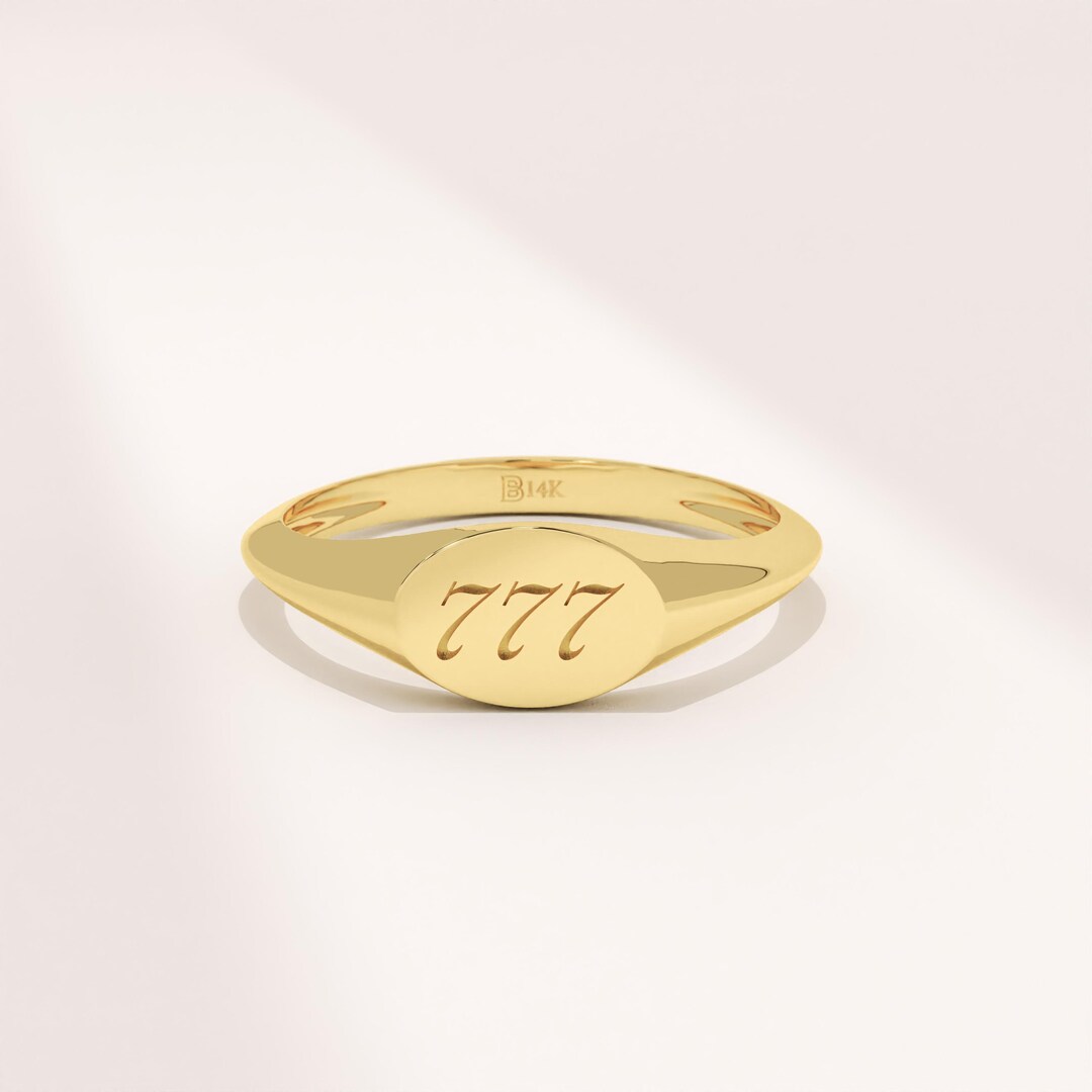Lucky Number Engraved Oval Signet Ring for Women, 14K Solid Gold ...